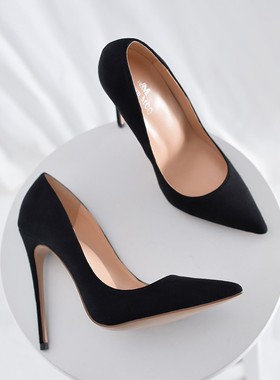 新款冰淇淋粉浅蓝色绒面黑色尖头高跟鞋细跟12cm超高跟单鞋女大码