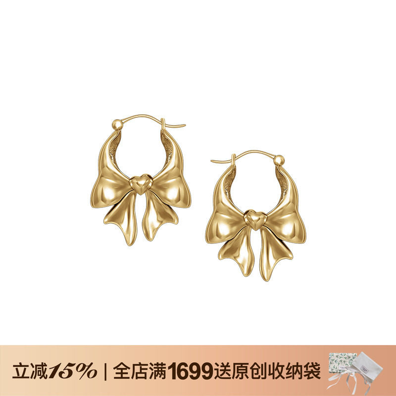 TWOR/黄铜镀金复古金色大蝴蝶结时髦爱心结耳环存在感耳饰礼物女