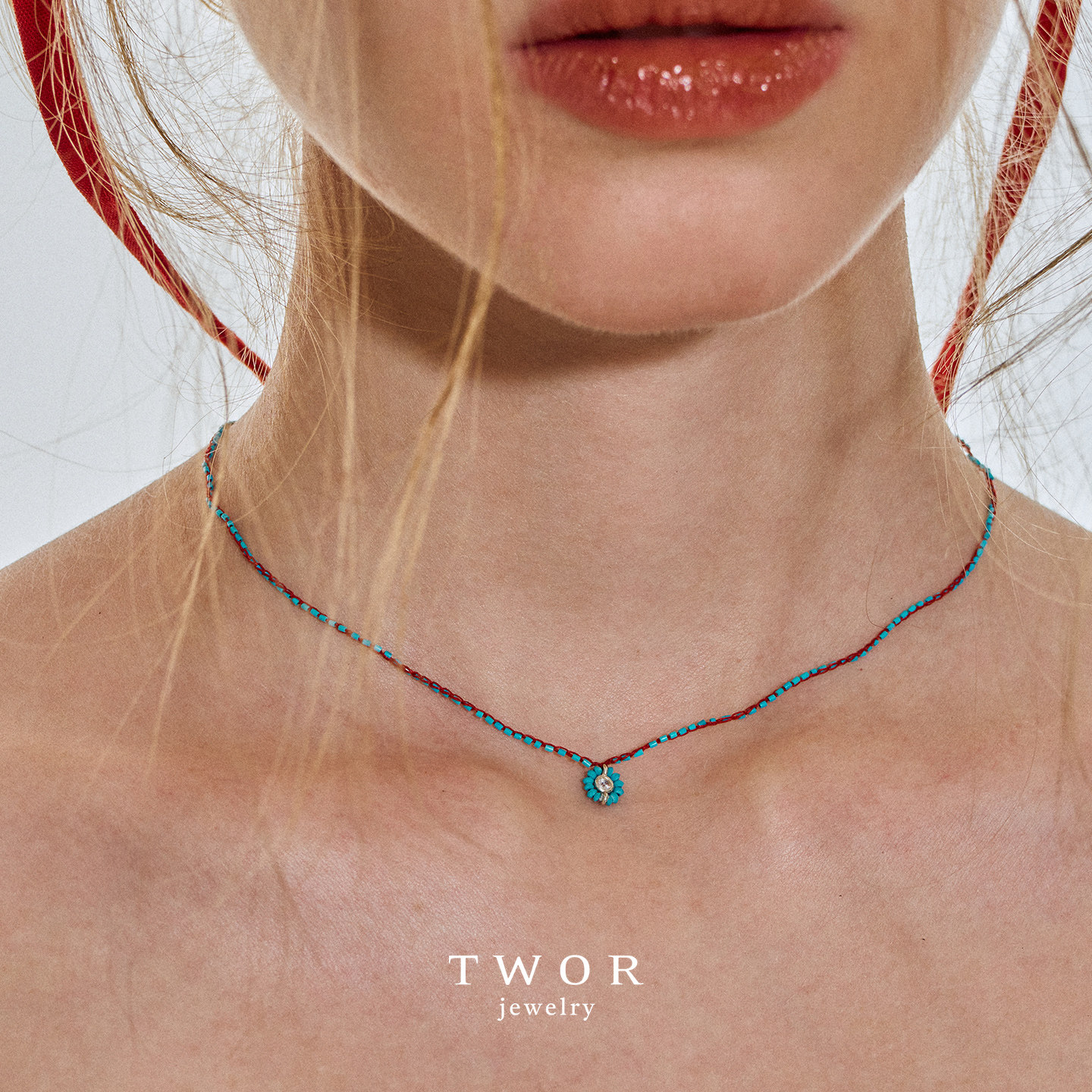 TWOR缇坞/S925银复古绿松石花朵红绳编织项链女新款小众锁骨颈链,饰品/流行首饰/时尚饰品新,项链,淘宝优惠券,粉丝福利购,淘宝优惠卷