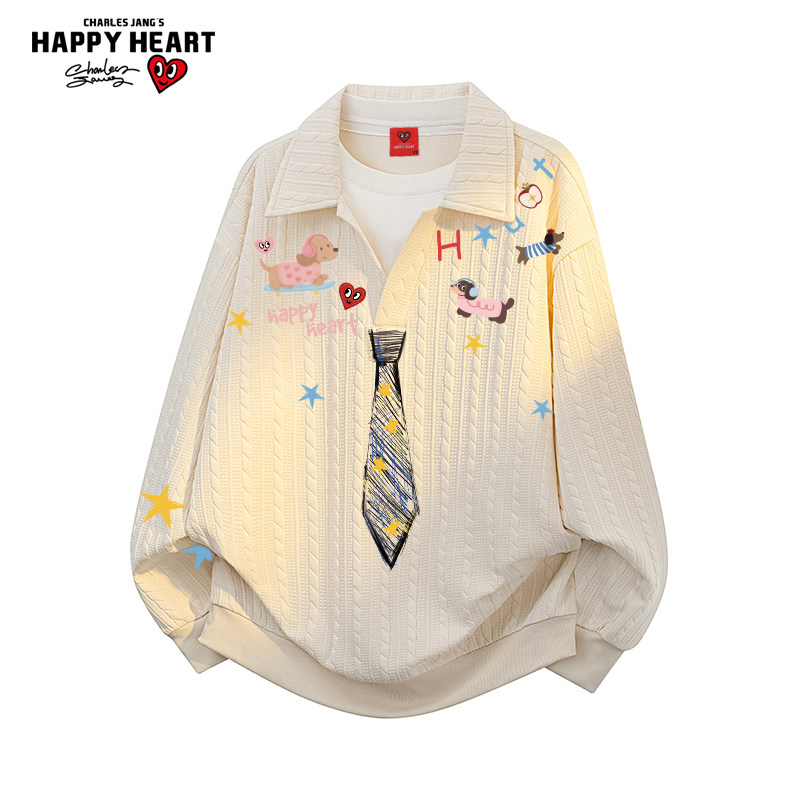 查尔斯桃心学院风领带假两件衬衫领卫衣男宽松秋季情侣长袖上衣服