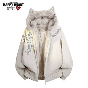 查尔斯桃心涂鸦毛领杜宾座山雕棉服男女冬季保暖连帽加厚棉衣外套