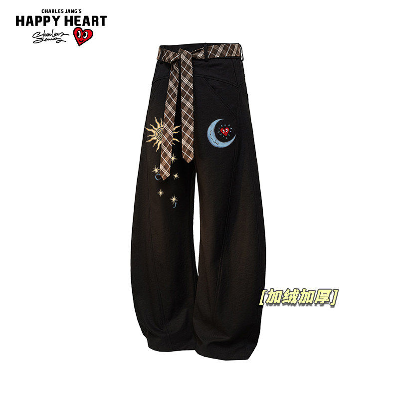 查尔斯桃心太阳月亮印花加绒休闲弯刀直筒长裤子男女春秋冬季新款,男装,休闲裤,淘宝优惠券,粉丝福利购,淘宝优惠卷