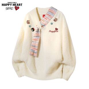 查尔斯桃心小猫印花围巾拼接慵懒毛衣男女冬季新款圣诞休闲针织衫