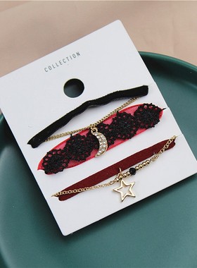 组合双层布艺花边星月镶水钻手链