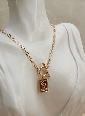 合金镀金女浮雕人头像项链锁骨链