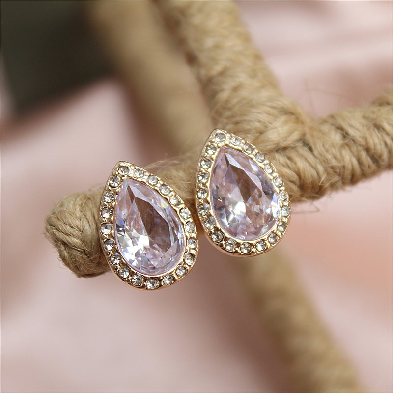 韩版水滴形锆耳钉精致大气简约镶水钻日常款百搭时尚女生耳饰F-77