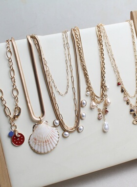 金色多层珍珠贝壳吊坠锁骨链女