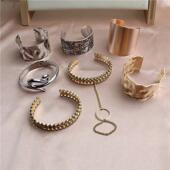 欧美新款 臂环手环宽面女 金属褶皱开口口手镯复古雕花潮流夸张个性