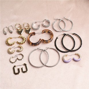 欧美风格新款C圈耳环素圈金属简约镶水钻潮流大气时尚耳钉耳饰女
