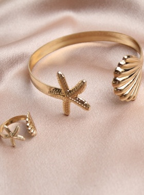 海洋风格海星贝壳造型开口手镯