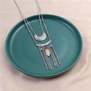 新款双层叠戴民族风项链流苏个性潮流玻璃珠时尚女毛衣链配饰C-53