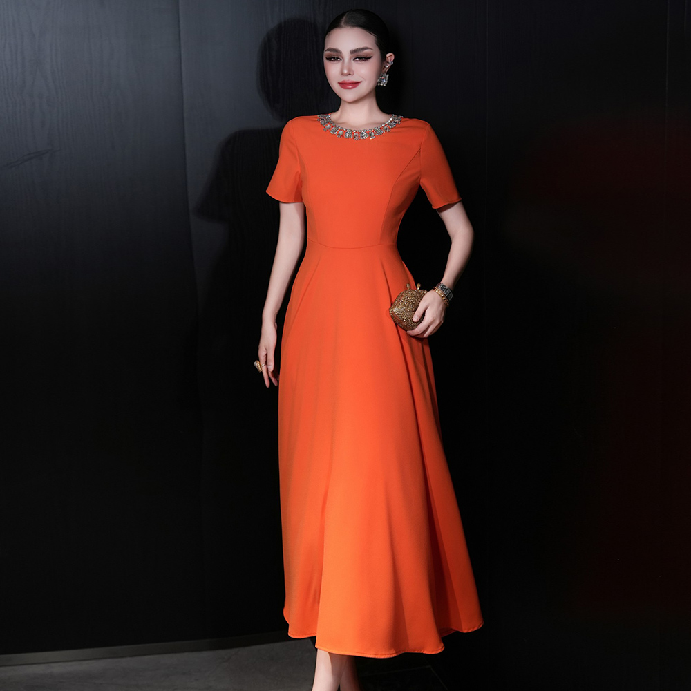 宴会晚礼服女气质赫本风桔色收腰长裙轻奢小众高端平时可穿高级感