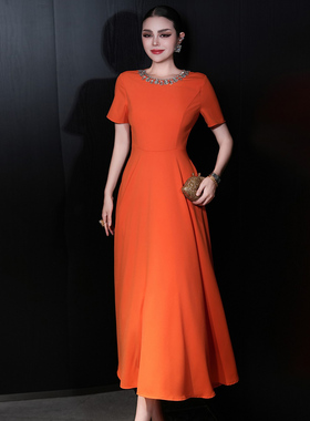 宴会晚礼服女气质赫本风桔色收腰长裙轻奢小众高端平时可穿高级感