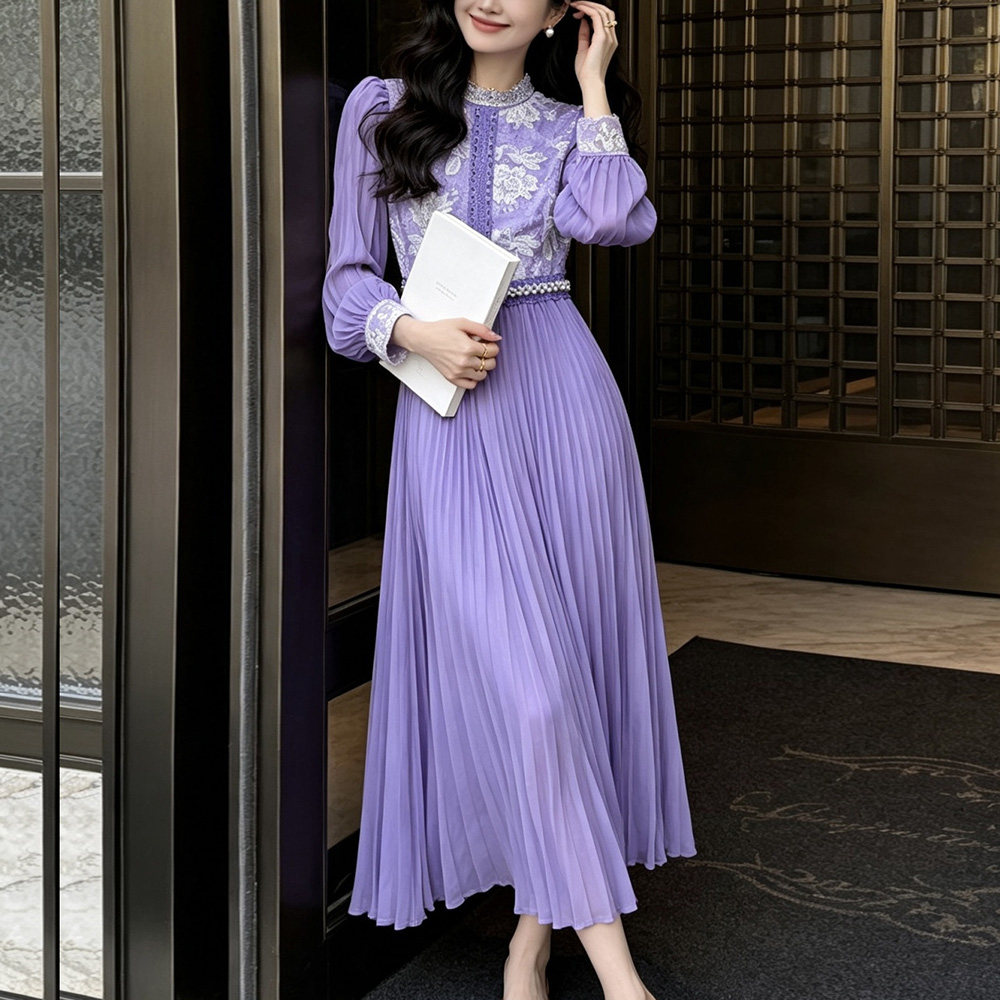 紫色长袖收腰仙女长裙礼服气质