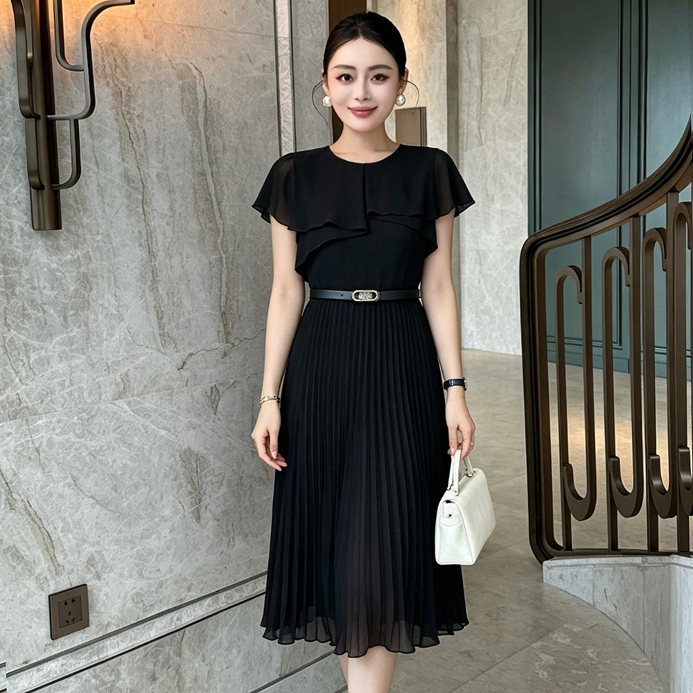 百褶中长款气质收腰显瘦礼服