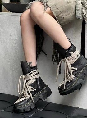 疯狂绑带厚底马丁靴女ro增高短靴帅气联名短筒靴男暗黑朋克机车靴
