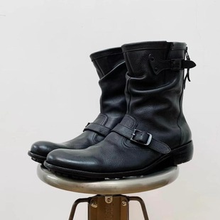 暗黑复古工程师靴男马丁皮靴粗跟中筒工装骑士靴褶皱扁头切尔西靴