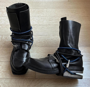 美式复古男女款金属跟蹦极绳中古短靴中筒马丁靴电线靴工装钢剪鞋