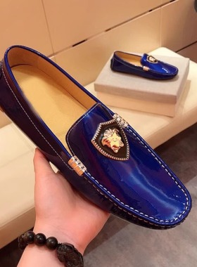 春夏季欧洲站豆豆鞋男漆皮软底蓝色时尚套脚一脚蹬乐福开车鞋子男