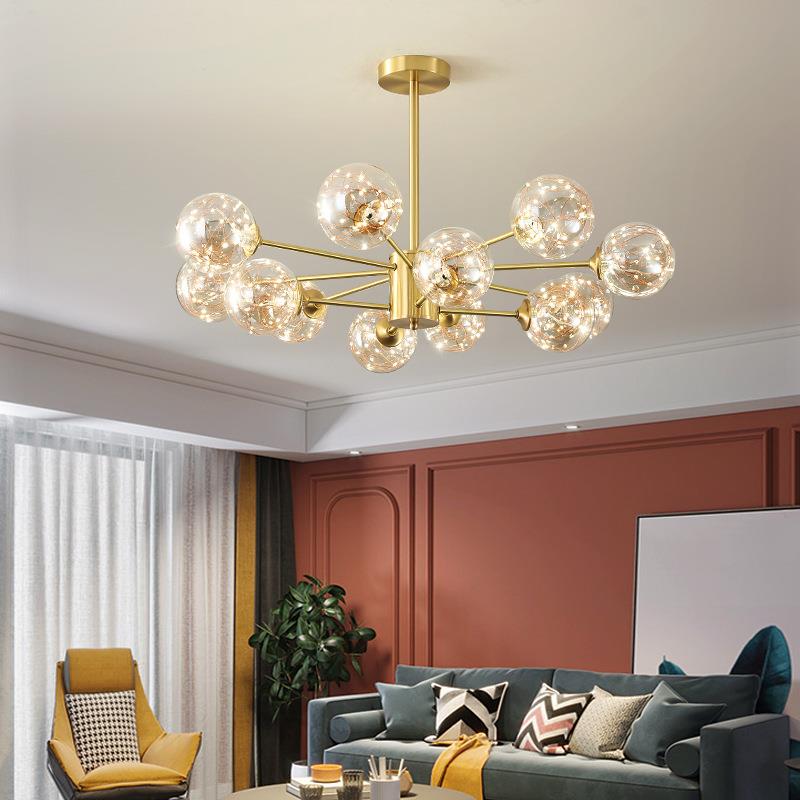 全铜客灯北欧新款满天星分厅满天星网室红餐厅卧轻吊奢水晶灯魔豆