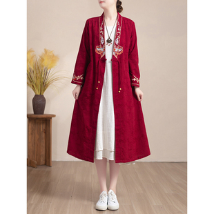 中国风重工刺绣风衣女2023秋季 复古民族风中长款 棉麻长袖 外套 新款