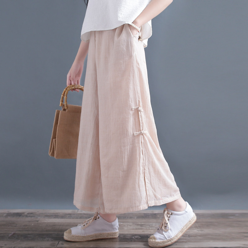 清袅超薄双层开衩盘扣阔腿裤长女秋文艺范亚麻九分裤,女装/女士精品,休闲裤,淘宝优惠券,粉丝福利购,淘宝优惠卷