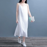 Qing cotton và vải lanh sling váy mùa hè nữ đáy váy retro đĩa khóa phụ nữ Cộng hòa Trung Quốc phong cách Zen dài váy - Váy dài