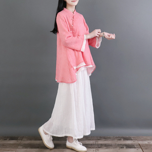 清袅双层麻纱斜襟珍珠扣宽松禅茶服女春秋七分袖薄纱衬衫