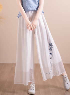 中式双层刺绣阔腿裤女2024夏季新款国风复古休闲宽松显瘦薄款长裤