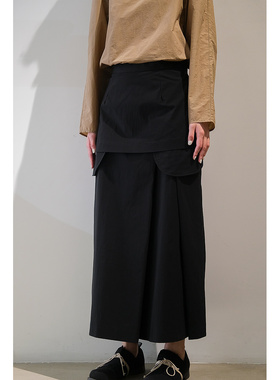 GNAY春夏新款小众设计感假两件女士抗皱黑色A字半裙