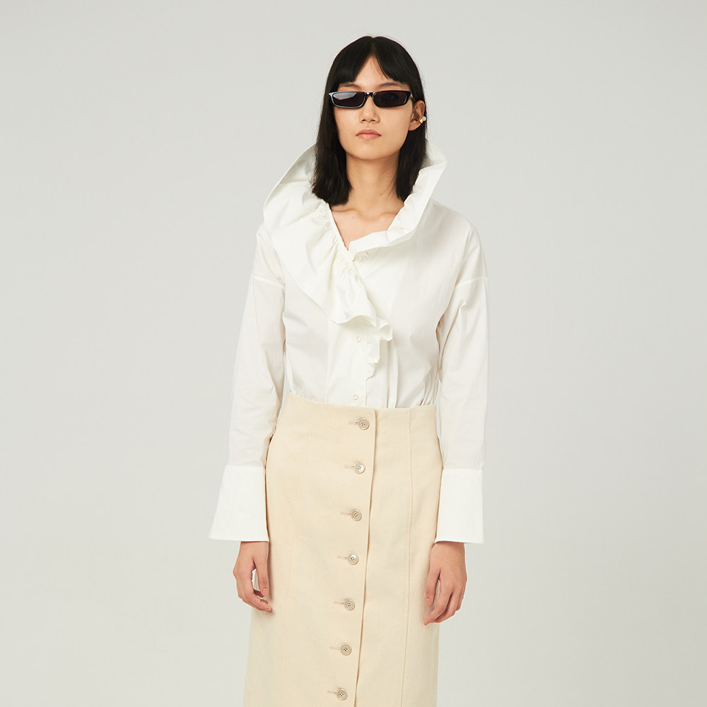 gnay设计感可随意造型荷叶边领子肌理感面料白衬衫