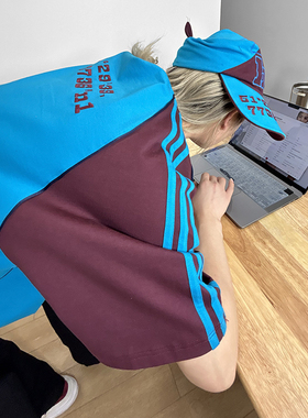 320G重磅纯棉短袖T恤男刺绣廓形拼接撞色球衣ins潮条纹复古宽松t