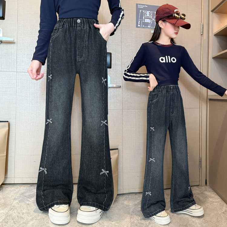 2025秋装男女生童装聚酯纤维牛仔布微弹印花春秋裤子