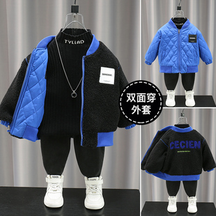 加绒外套男童儿童双面穿羊羔网红加厚棒球服中大童两面穿上衣冬