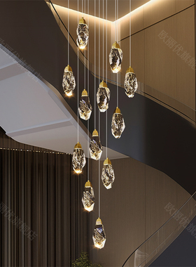 陨石别墅旋转楼梯中空长吊灯挑空现代小复式楼loft客厅水晶灯