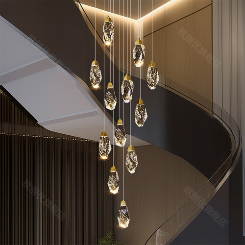 陨石别墅旋转楼梯中空长吊灯挑空现代小复式楼loft客厅水晶灯