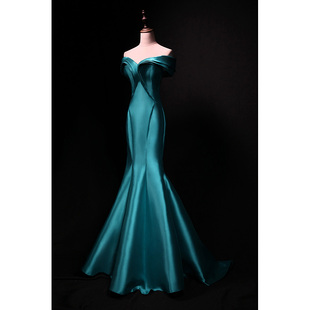 简约质感一字肩鱼尾缎面孔雀蓝晚礼服年会主持活动表演晚宴长款 裙