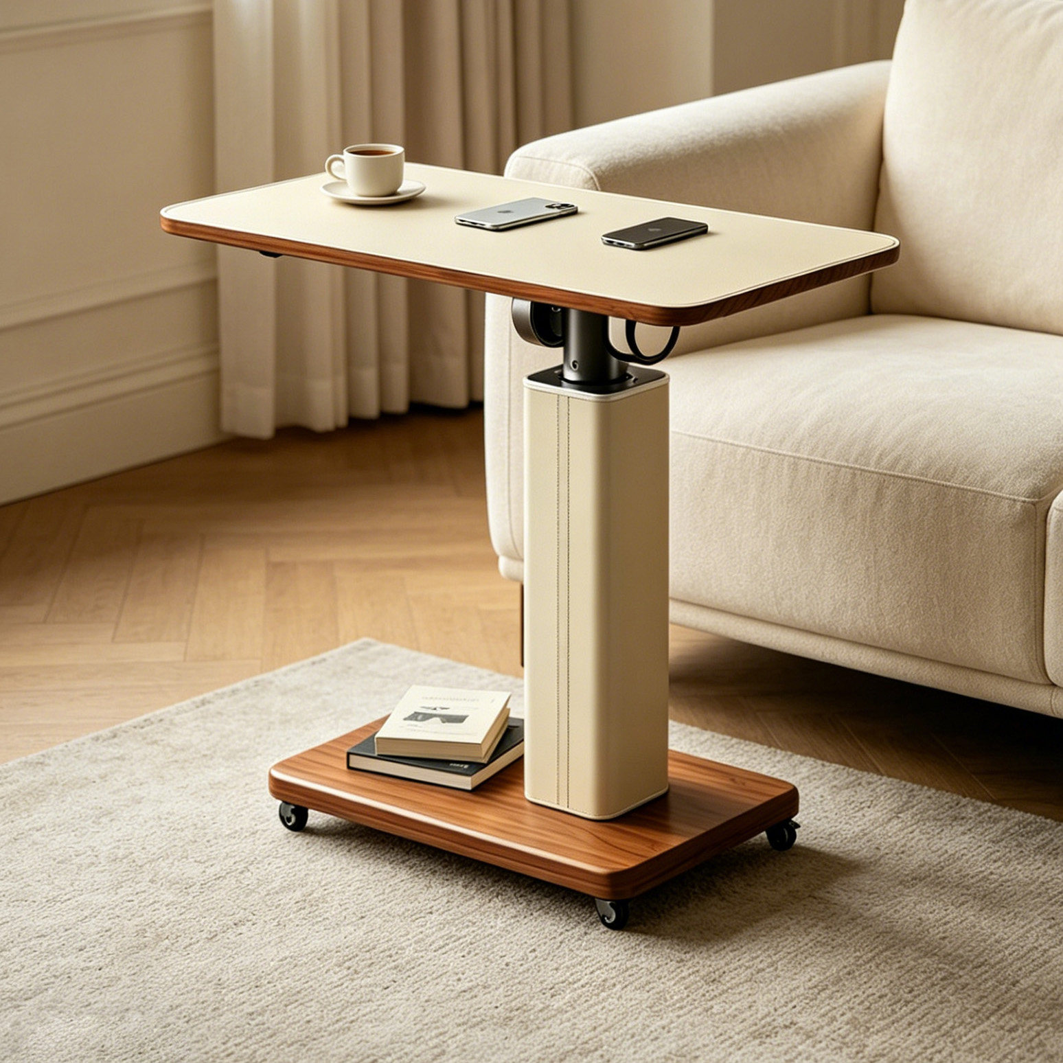 多功能升降移动边几木质长方形小茶几带轮演讲台实木学生办公桌子