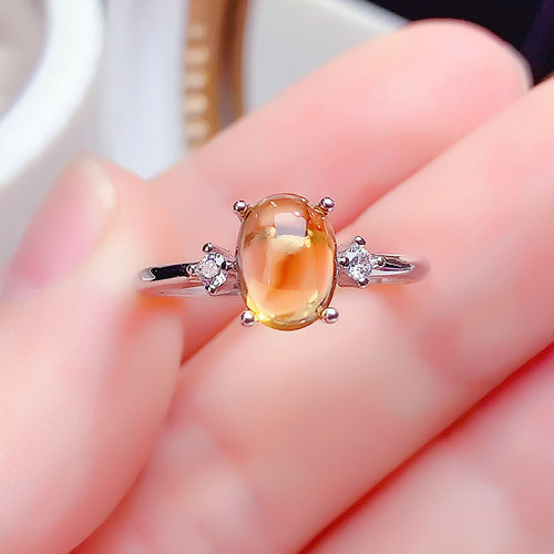 纯银镶嵌天然素面黄水晶戒指女开口可调节时尚精致百搭轻奢