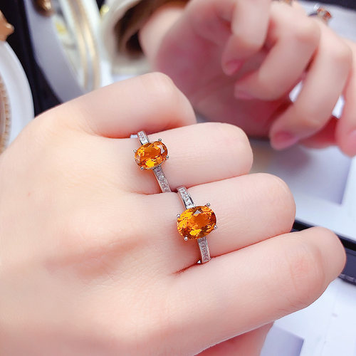 925纯银镶嵌天然黄水晶戒指开口女黄色宝石百搭简约精致轻奢银戒