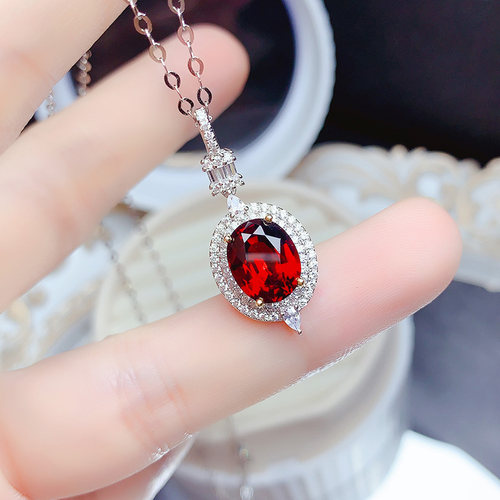 天然酒红石榴石吊坠项链女