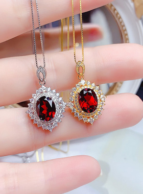 天然石榴石吊坠锁骨链925纯银镶嵌1.5克拉红色宝石精致吊坠银链