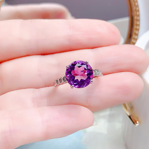纯银镶嵌天然净体紫水晶戒指开口戒女简约时尚百搭精致紫色宝石戒