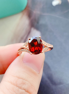 纯银镶嵌天然石榴石戒指