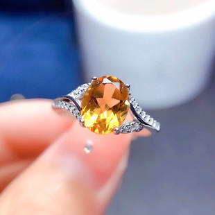 925纯银镶嵌天然黄水晶全净体戒指指环女简约活扣可调节百搭时尚