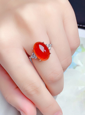 天然红玉髓玛瑙戒指精致银戒女