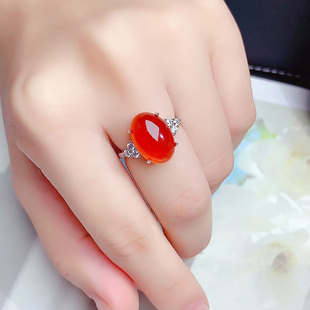 纯银镶嵌天然大颗粒红玉髓戒指玛瑙食指戒女款开口可调节时尚简约