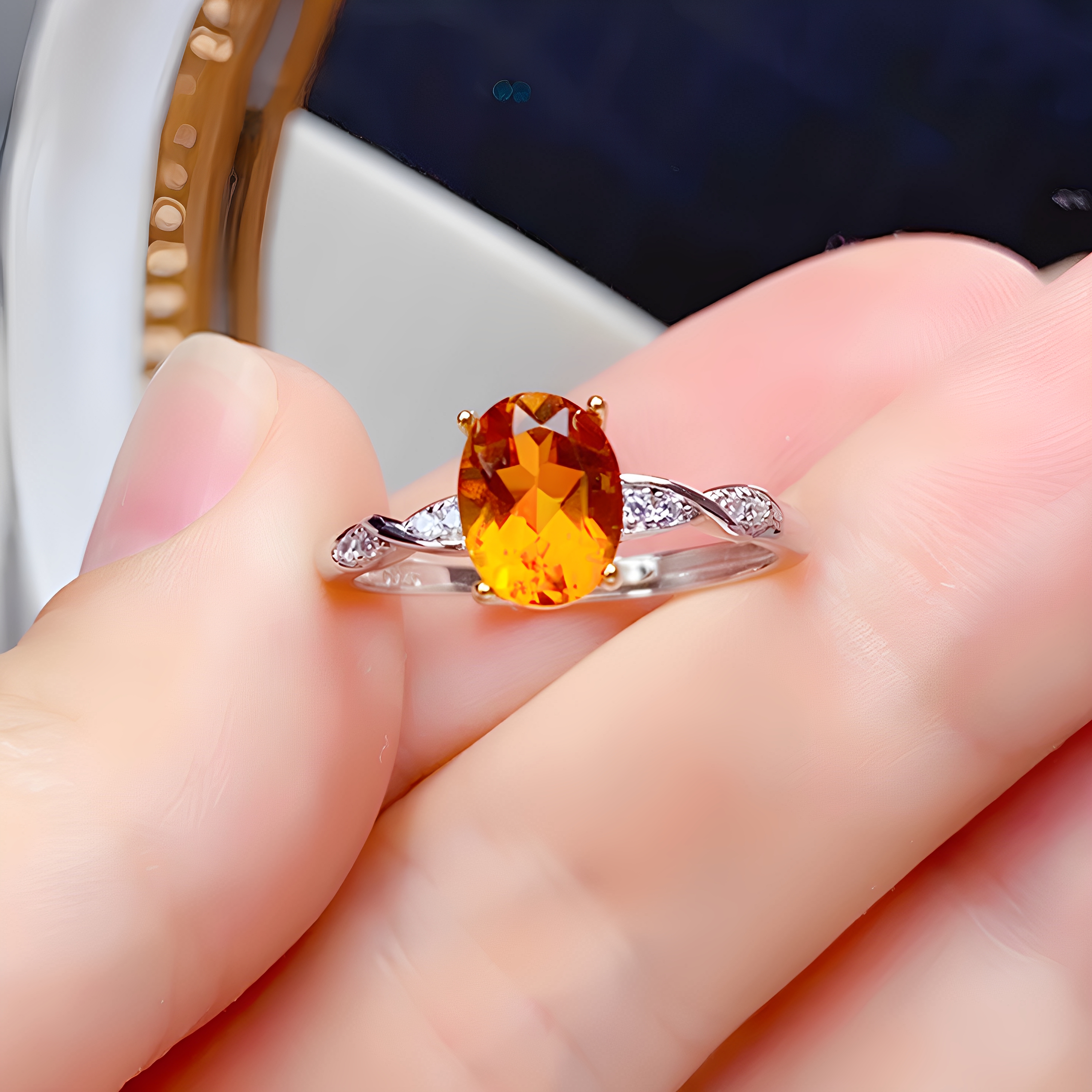 纯银镶嵌天然全净体黄水晶戒指开口戒女精致轻奢精致百搭活扣戒女