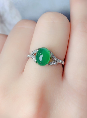 925银镶嵌天然绿玉髓戒指指环女