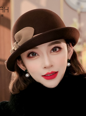 布塔秋冬季纯羊毛贝雷帽女士时尚百搭复古画家南瓜画家帽子PT1436